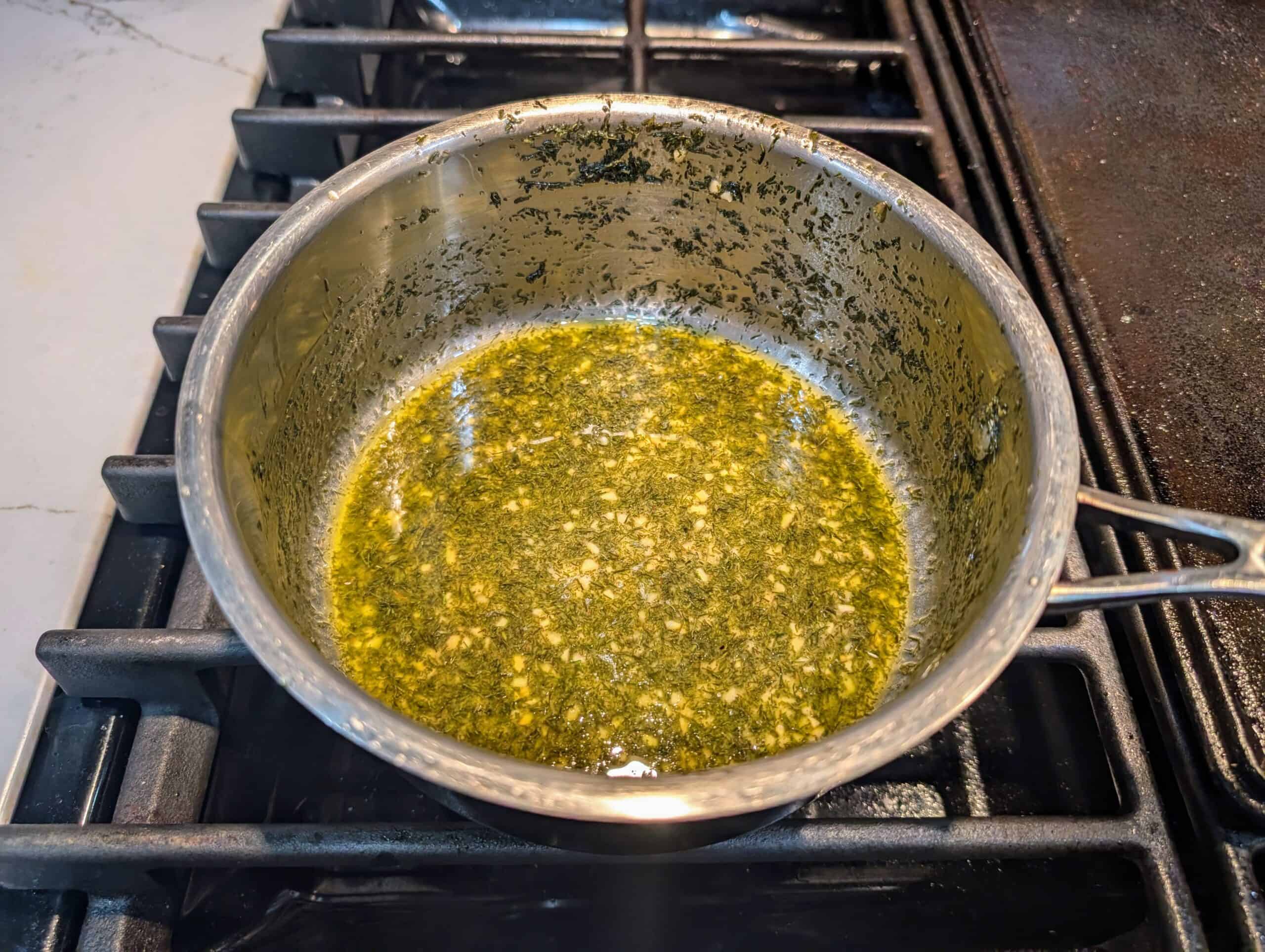 Butter sauce, garlic, salt dill weed 