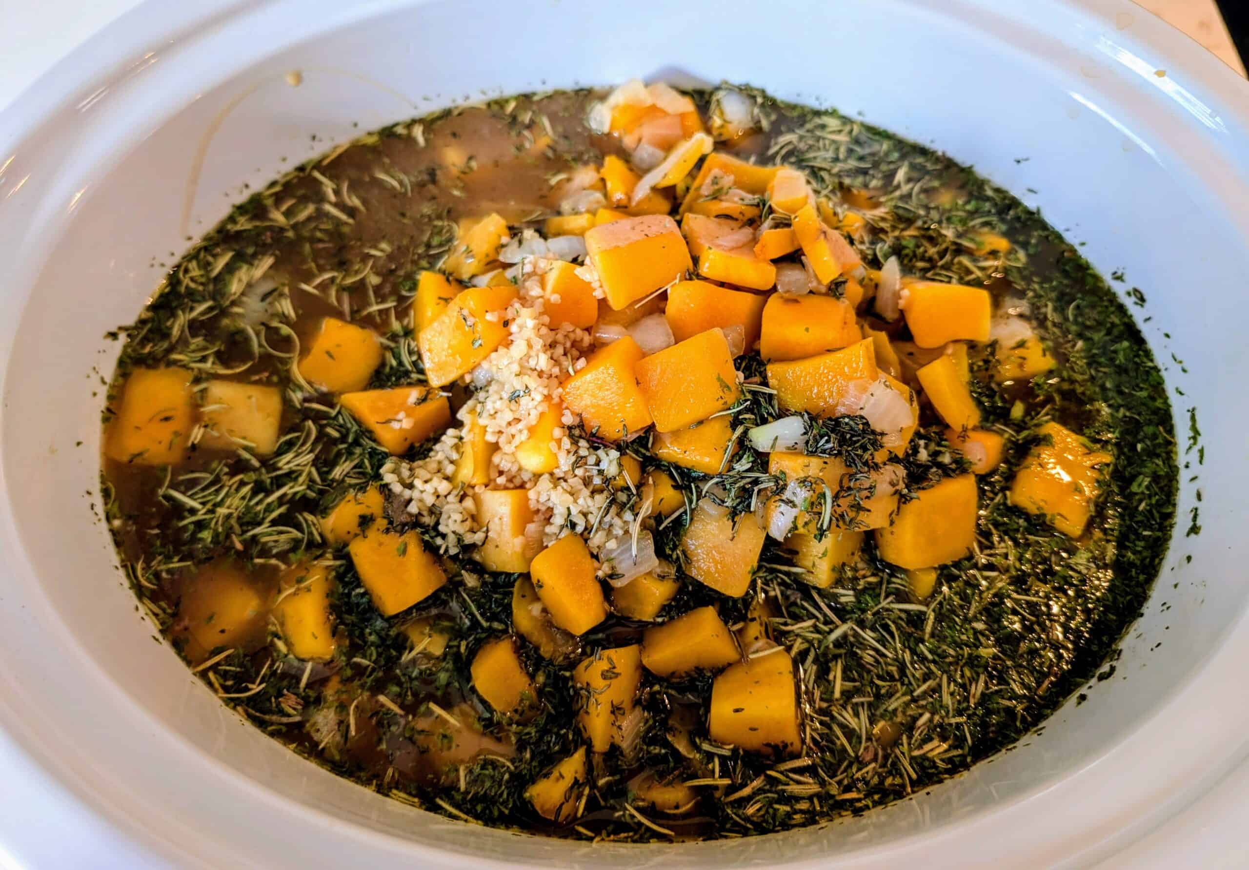 Chuck roast, butternut squash, spices, broth, maple syrup and apple cider vinegar 