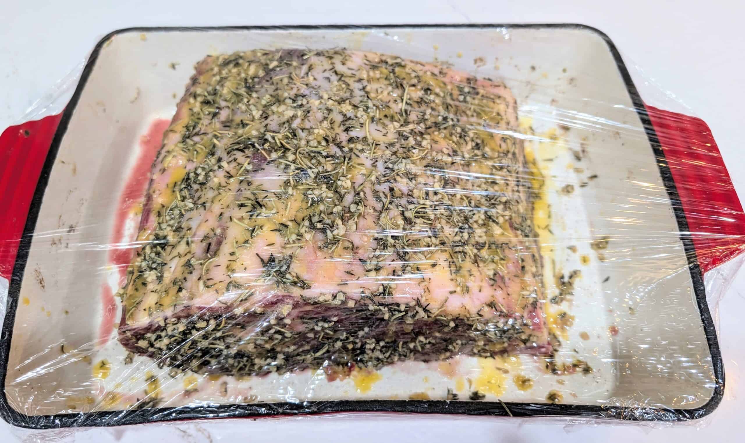 Ribeye Roast covered in plastic wrap 