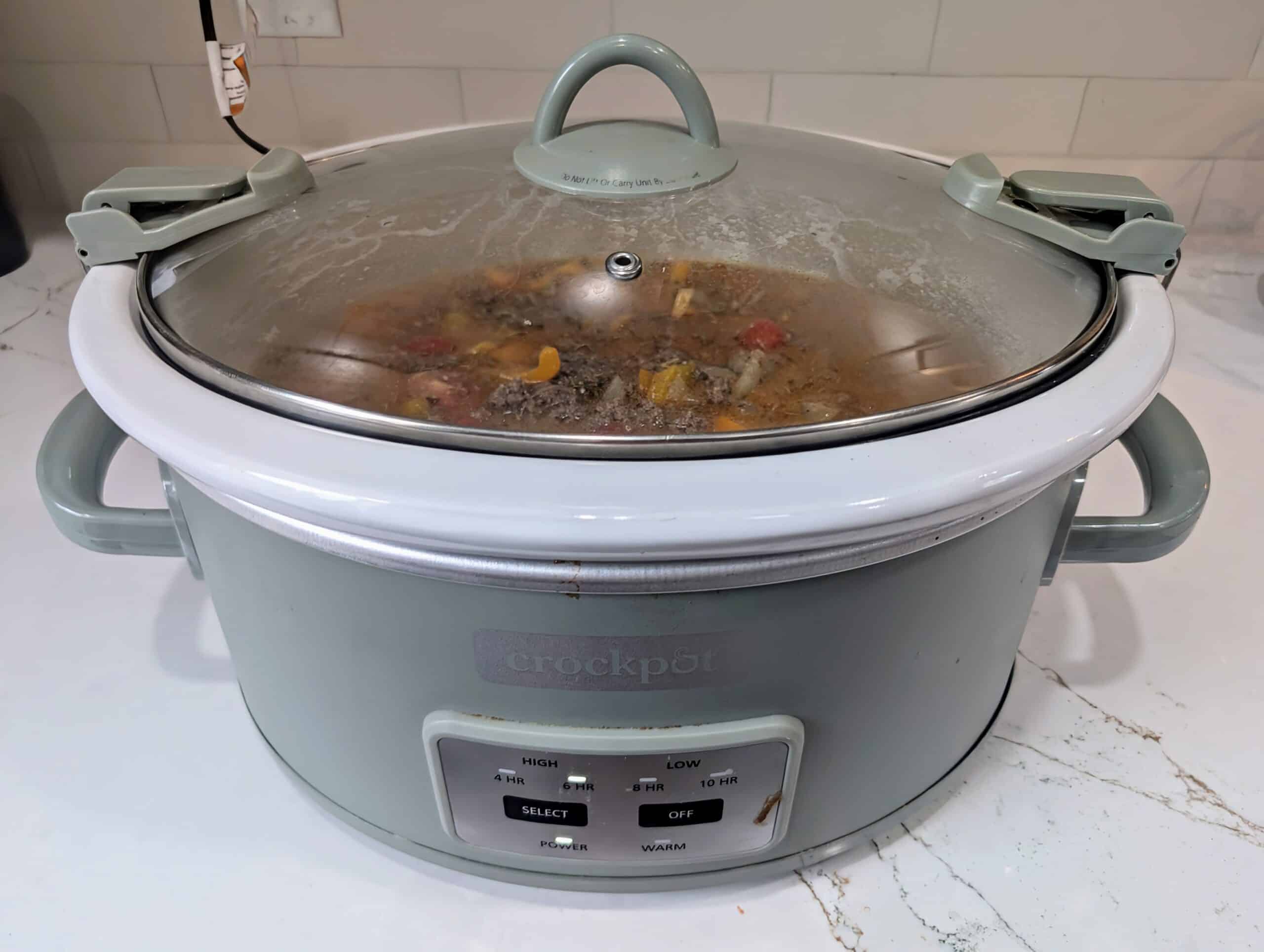 Crockpot with chili ingredients 