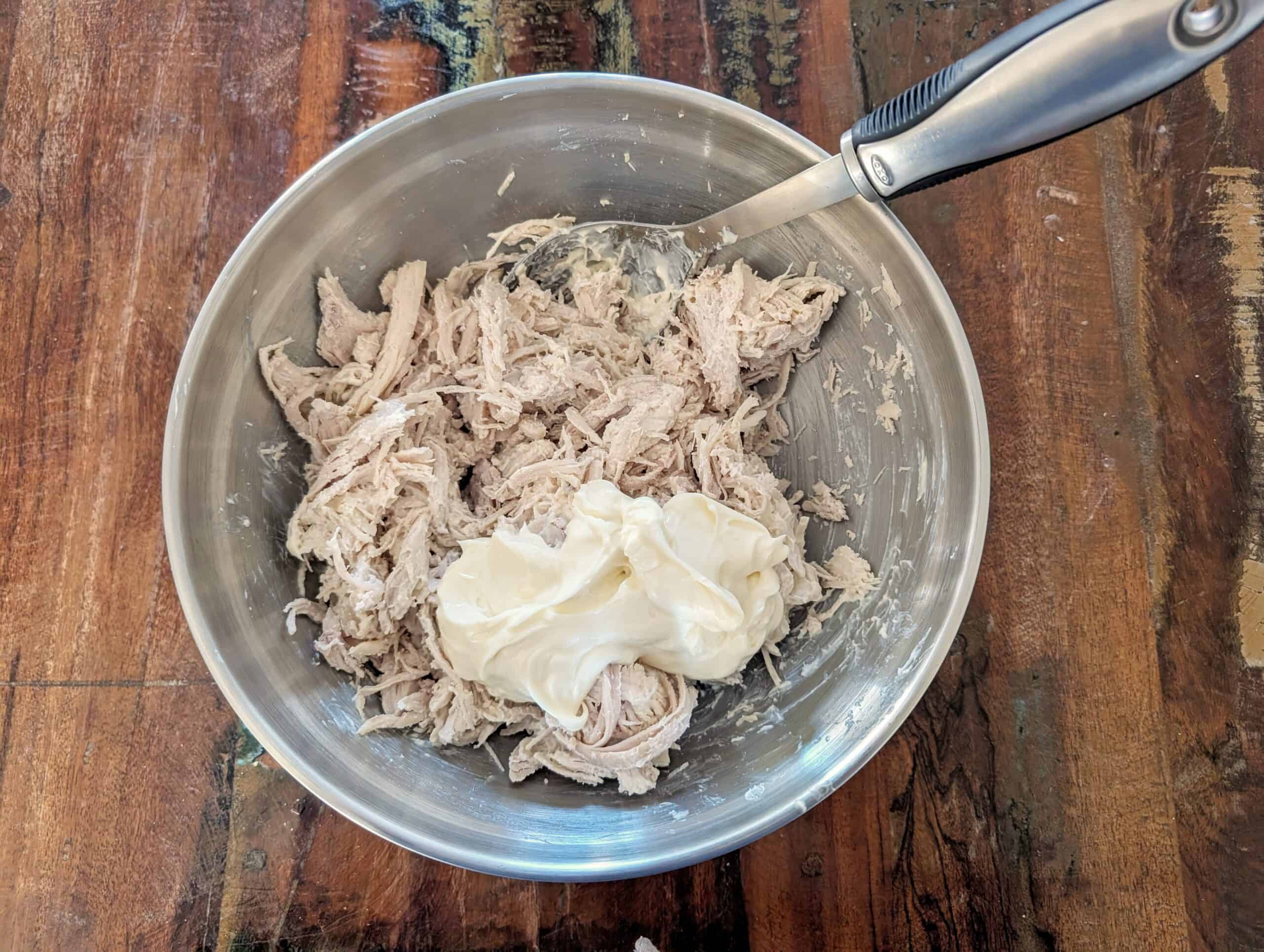 shredded chicken salad with mayo and spices and dill pickle juice 