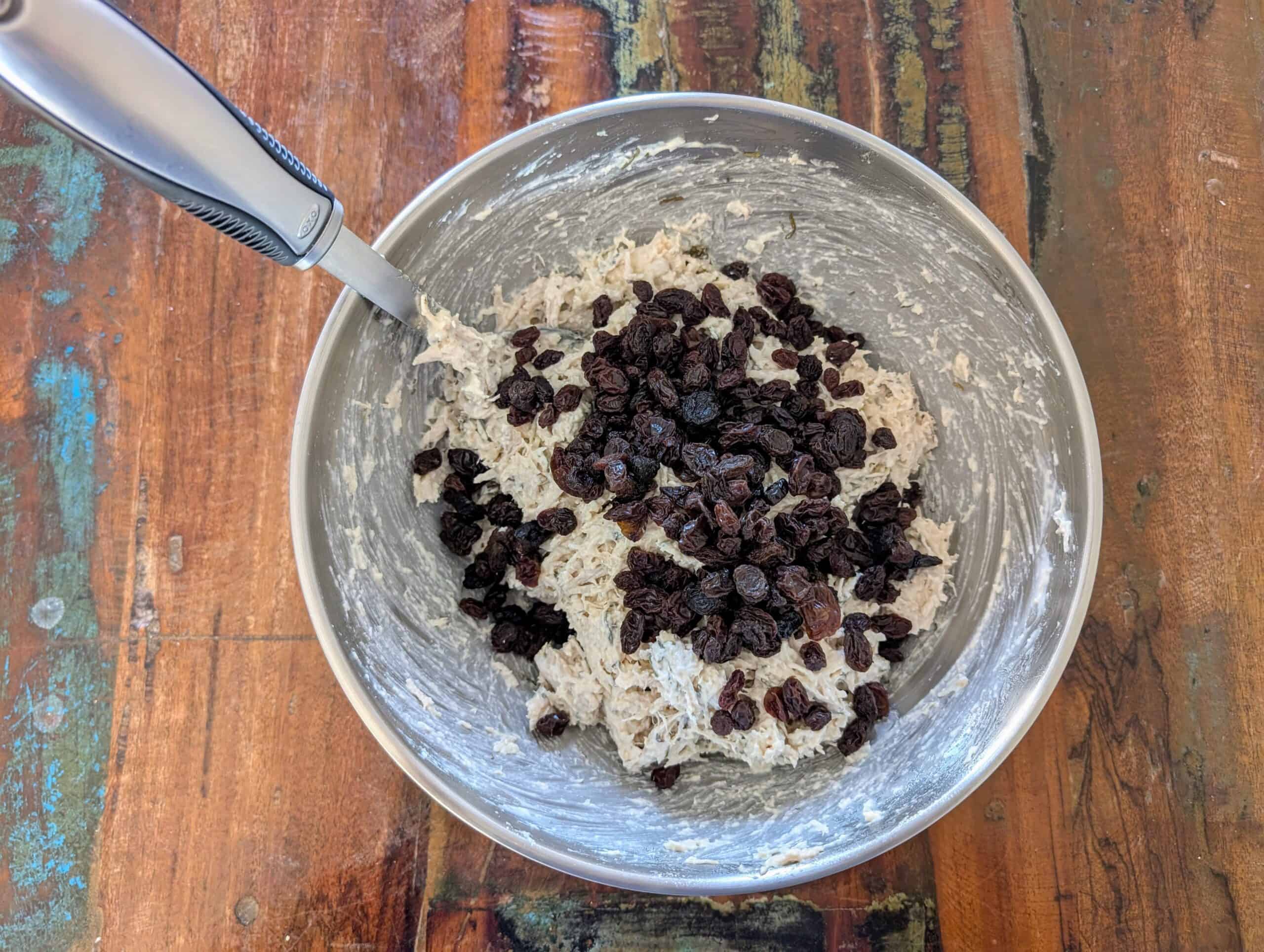 Chicken salad with raisins, mayo and spices 